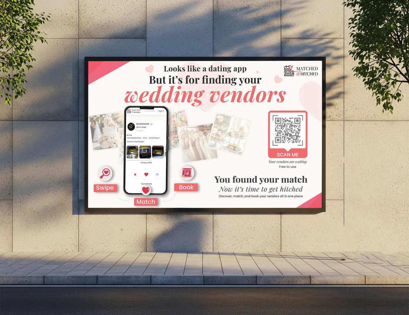 Matched and Hitched outdoor display with a phone mockup and scan-me QR code