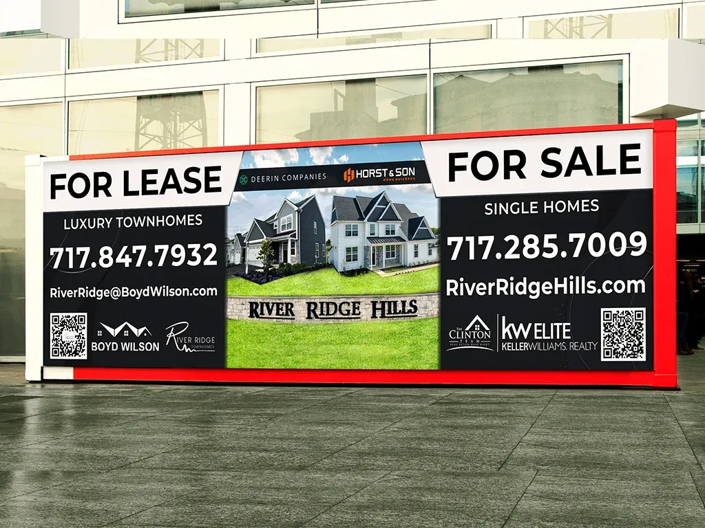 River Ridge Hills large-format sign with For Lease and For Sale panels and QR codes