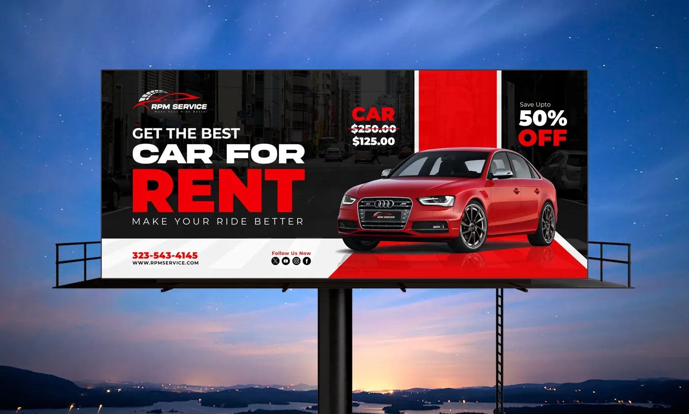 RPM Service car rental billboard in red, black and white with a red sedan