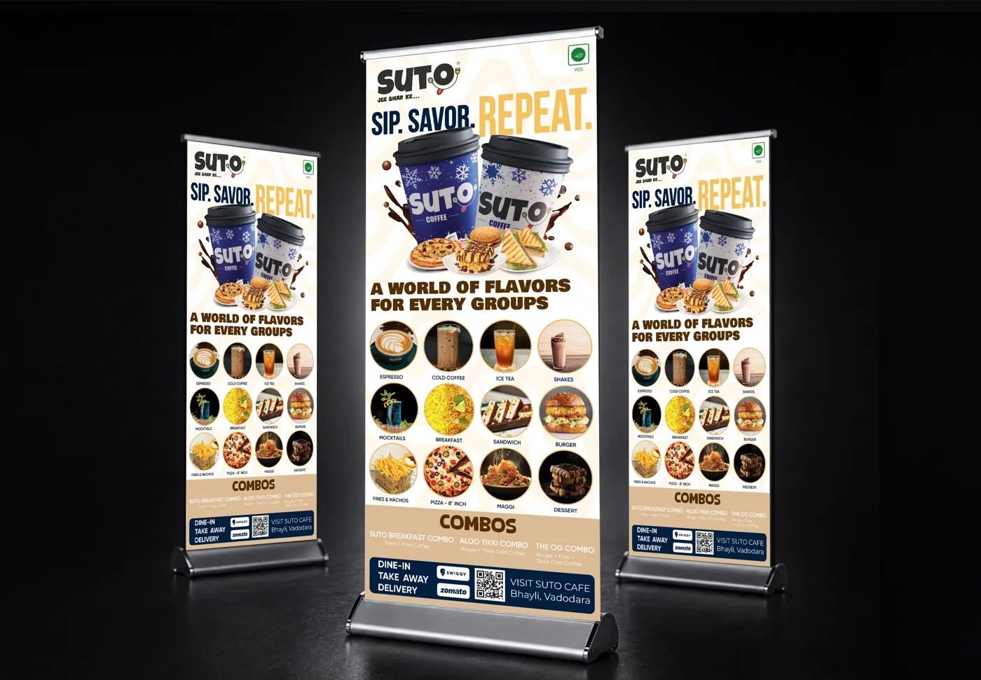 Three Suto Coffee roll-up banners with menu categories and combos