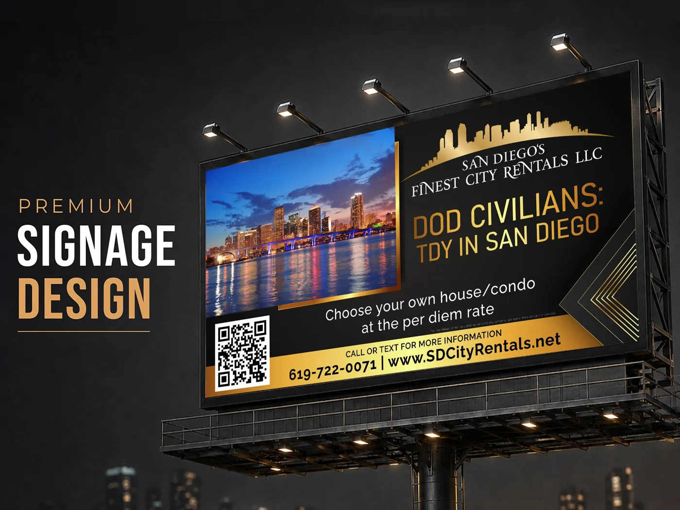 San Diego's Finest City Rentals billboard in black and gold with a skyline photo and QR code