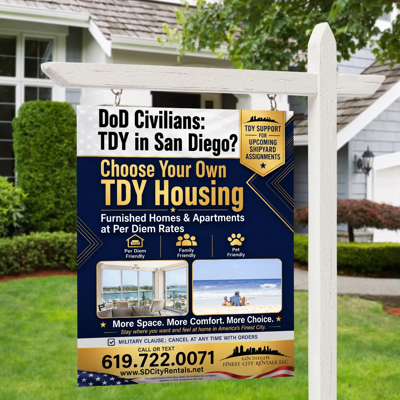 TDY Housing hanging yard sign in navy and gold on a white post