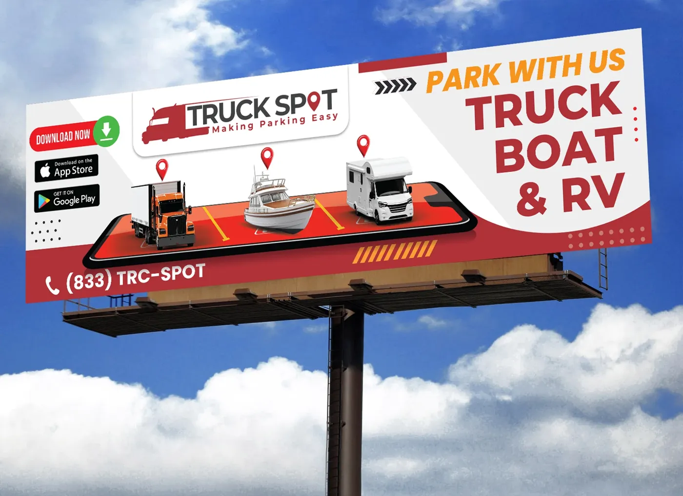Truck Spot billboard with app download buttons and a phone showing a truck, boat and RV